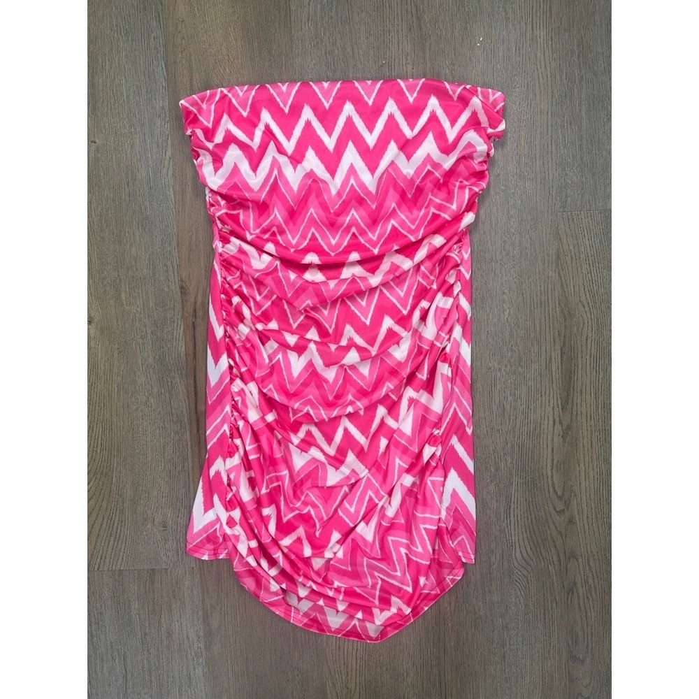 Miscreants London Pink White Chevron Ruched Strapless Bodycon Dress Size 14